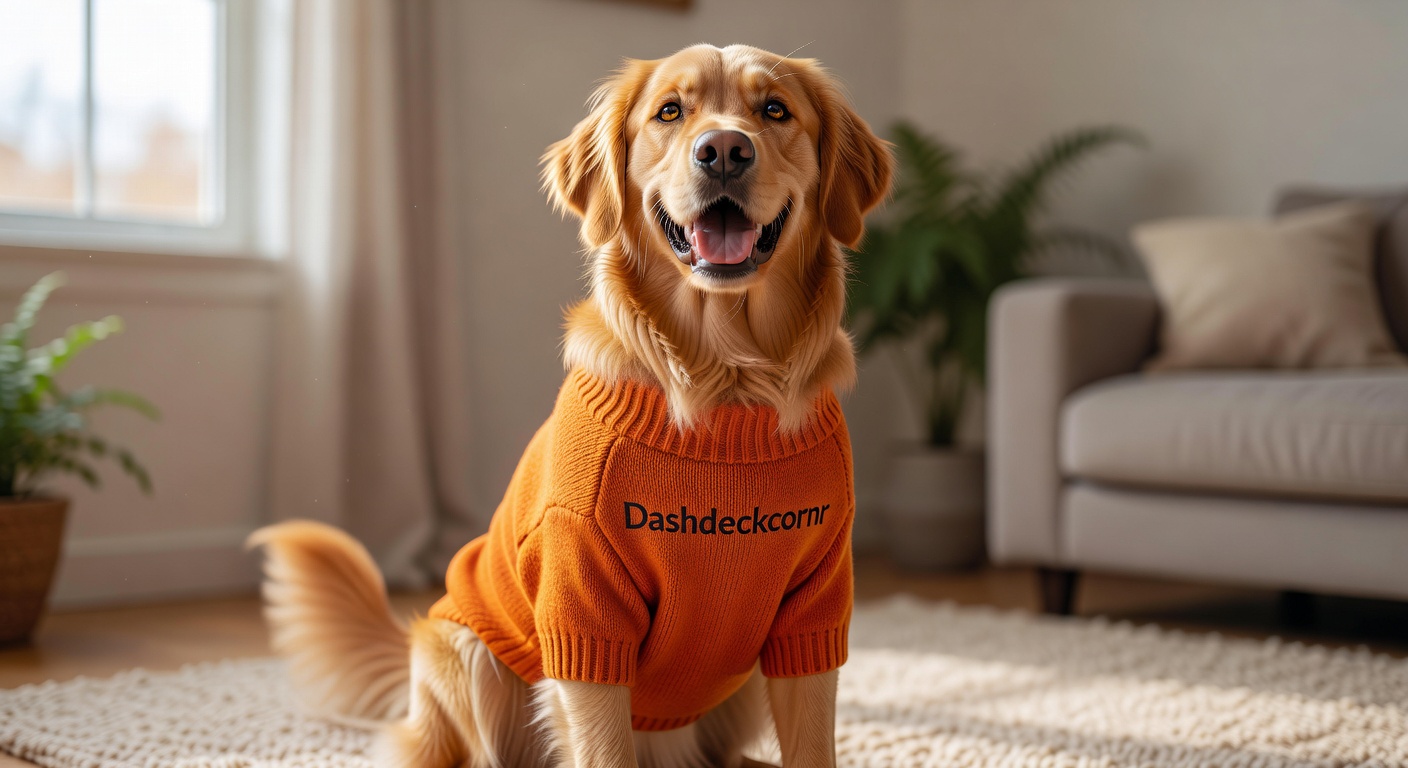Happy dog wearing a premium orange sweater by Dashdeckcornr