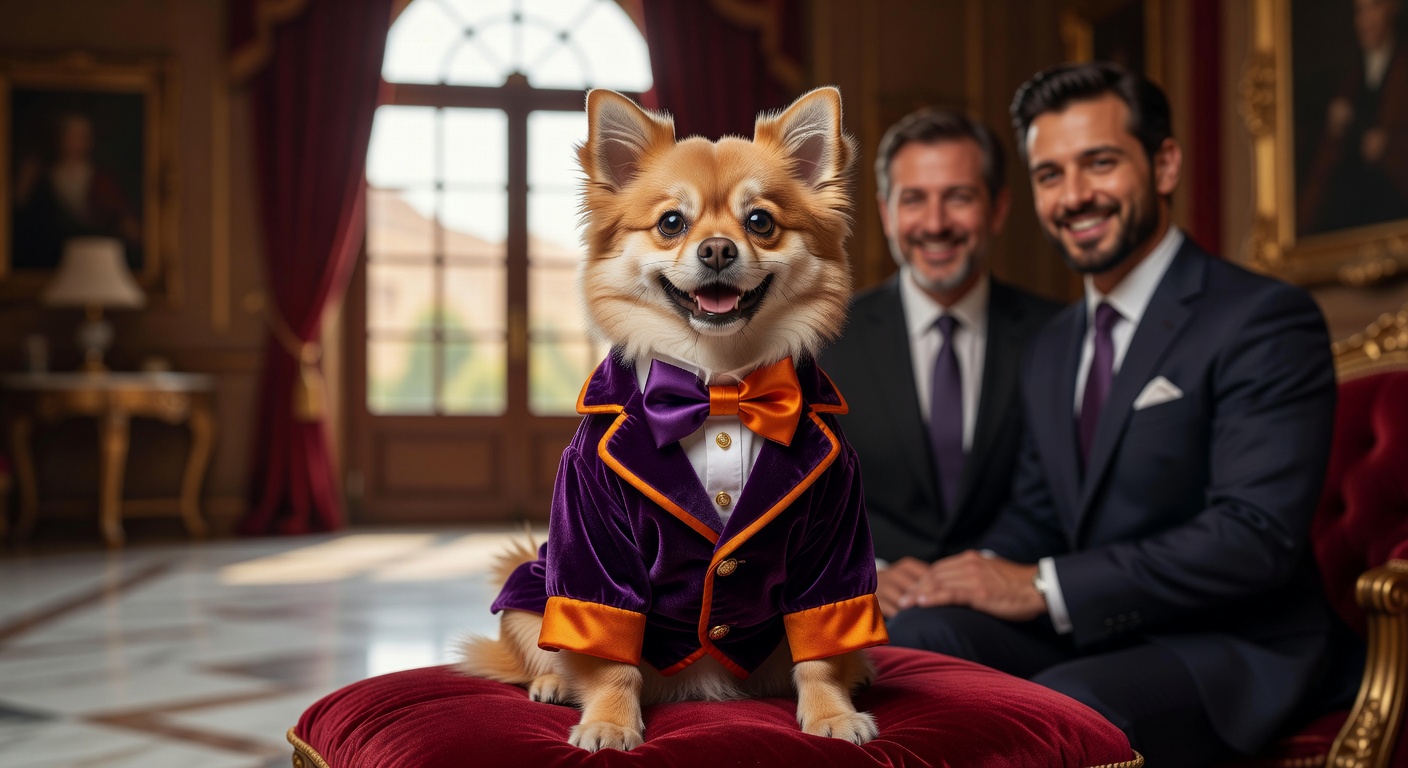 Small dog wearing a luxury purple and orange outfit