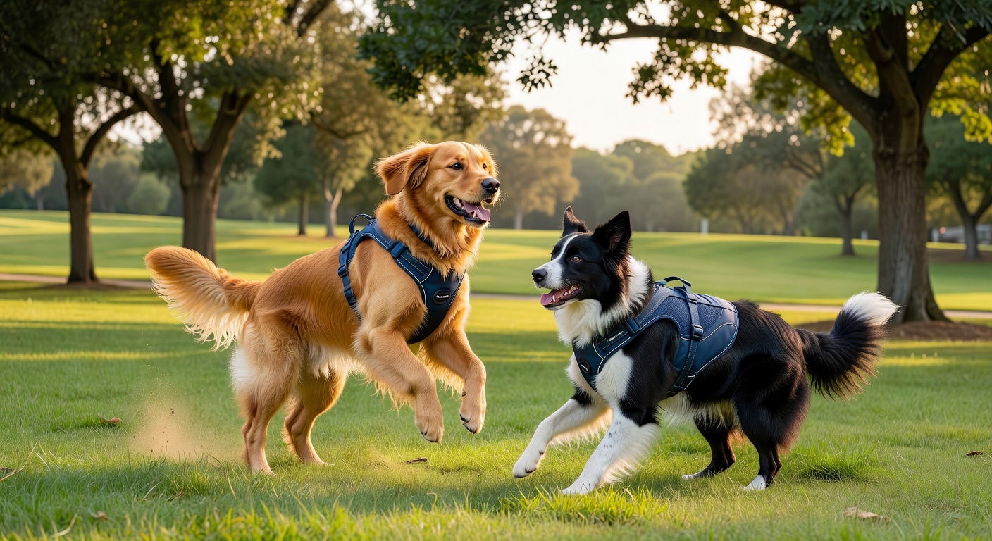 Two dogs happily playing outdoors wearing Dashdeckcornr gear